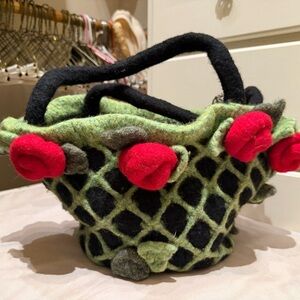 Green and Black Felt Basket with Red Accents